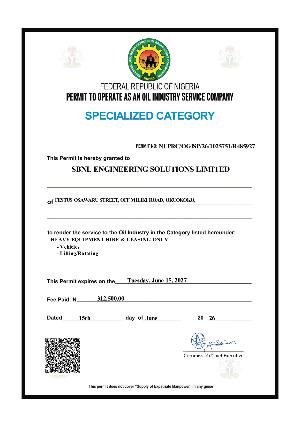 Heavy Equipment Permit