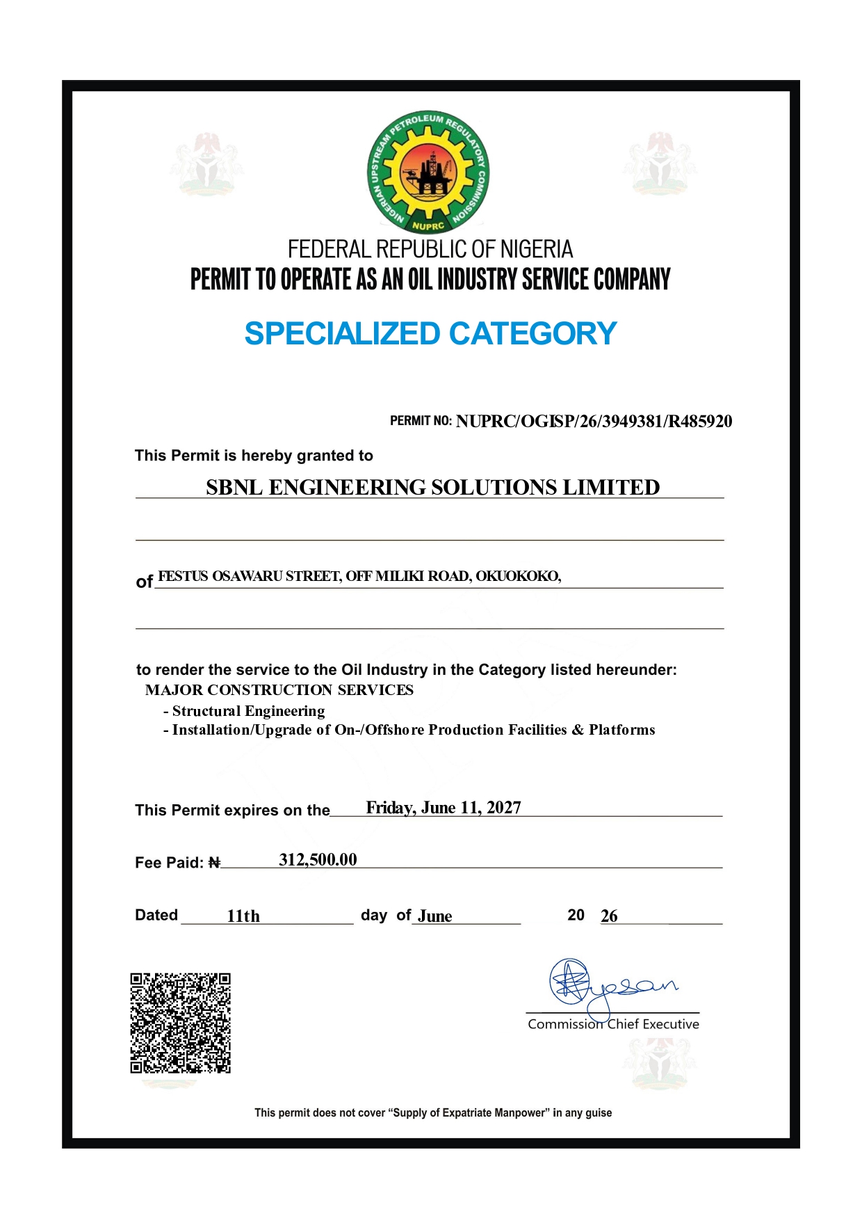 Major Construction Permit